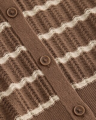 Striped Pointelle Crew Neck Short Sleeve Cardigan