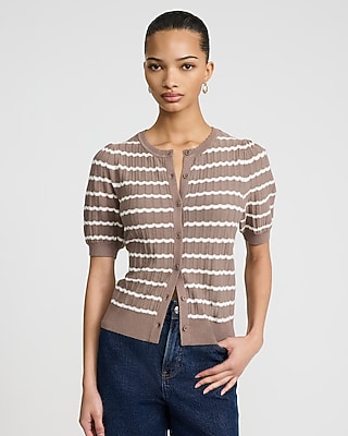 Striped Pointelle Crew Neck Short Sleeve Cardigan