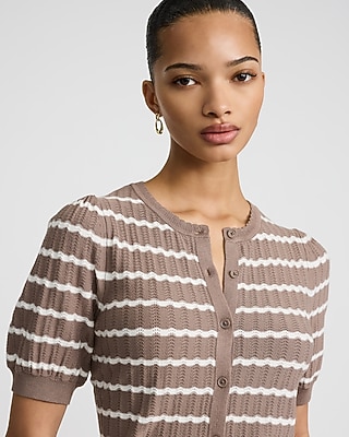 Striped Pointelle Crew Neck Short Sleeve Cardigan