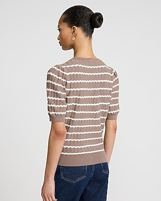 Striped Pointelle Crew Neck Short Sleeve Cardigan