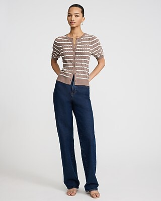 Striped Pointelle Crew Neck Short Sleeve Cardigan