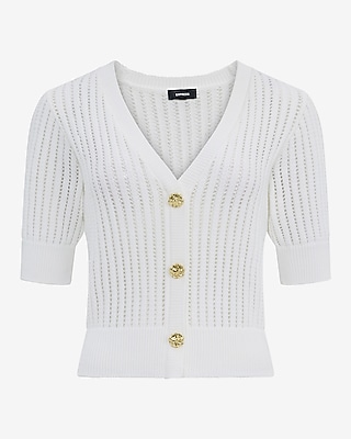 Open Stitch V-Neck Elbow Sleeve Novelty Button Cardigan