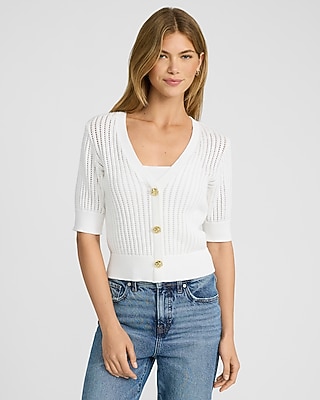 Open Stitch V-Neck Elbow Sleeve Novelty Button Cardigan