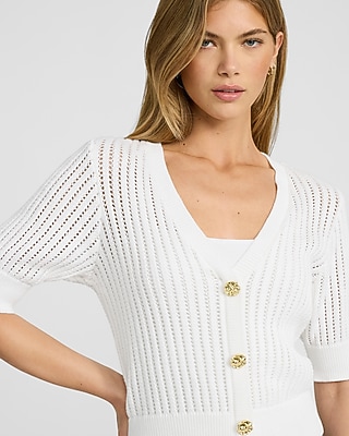 Open Stitch V-Neck Elbow Sleeve Novelty Button Cardigan