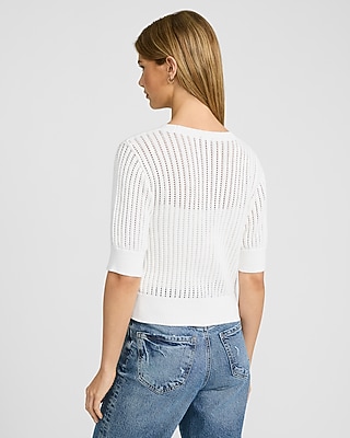 Open Stitch V-Neck Elbow Sleeve Novelty Button Cardigan