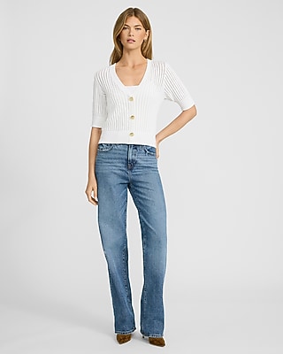 Open Stitch V-Neck Elbow Sleeve Novelty Button Cardigan