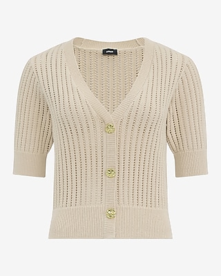 Open Stitch V-Neck Elbow Sleeve Novelty Button Cardigan