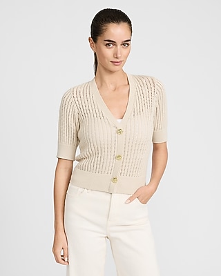 Open Stitch V-Neck Elbow Sleeve Novelty Button Cardigan