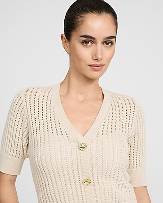 Open Stitch V-Neck Elbow Sleeve Novelty Button Cardigan