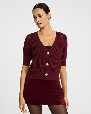 Airy Soft V-neck Novelty Button Peplum Cardigan | Express