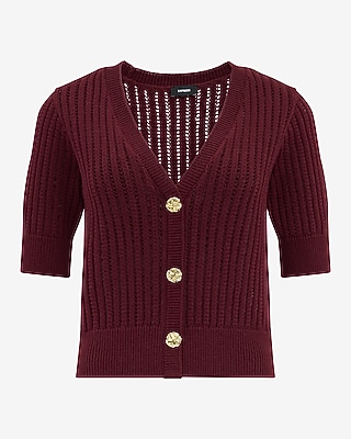 Open Stitch V-Neck Elbow Sleeve Novelty Button Cardigan