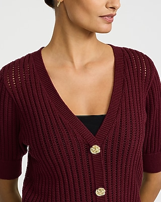 Open Stitch V-Neck Elbow Sleeve Novelty Button Cardigan