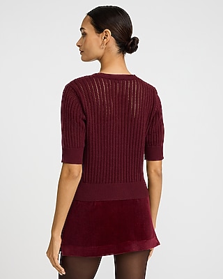 Open Stitch V-Neck Elbow Sleeve Novelty Button Cardigan