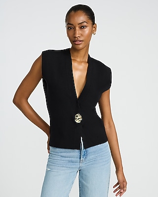 Gold Button V-neck Banded Cardigan | Express