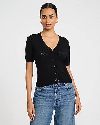 Fitted V-Neck Short Sleeve Button Front Cardigan