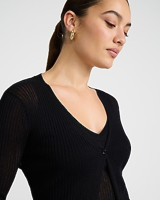 Lightweight Ribbed V-Neck One Button Cardigan - image 2