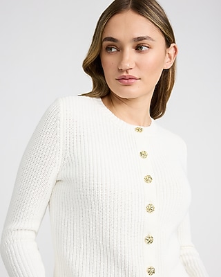 Crew Neck Novelty Button Cutaway Hem Cardigan