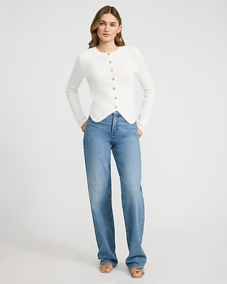 Crew Neck Novelty Button Cutaway Hem Cardigan