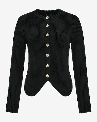Crew Neck Novelty Button Cutaway Hem Cardigan