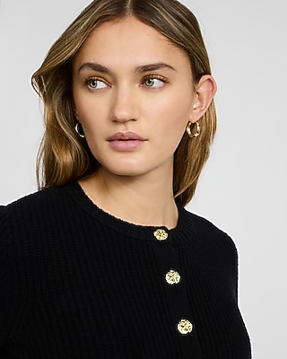 Crew Neck Novelty Button Cutaway Hem Cardigan