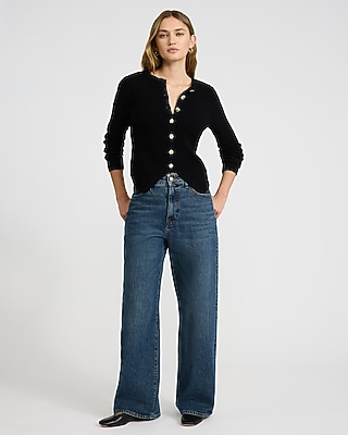 Crew Neck Novelty Button Cutaway Hem Cardigan