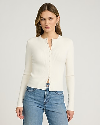 Fitted Ribbed Crew Neck Cardigan