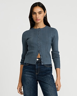 Fitted Ribbed Crew Neck Cardigan