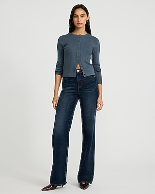 Fitted Ribbed Crew Neck Cardigan