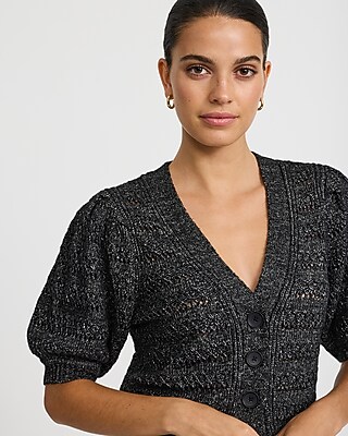 Pointelle V-Neck Puff Sleeve Cardigan - thumbnail 2