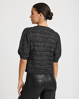 Pointelle V-Neck Puff Sleeve Cardigan - thumbnail 3