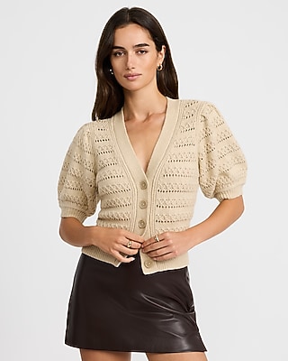 Pointelle V-Neck Puff Sleeve Cardigan