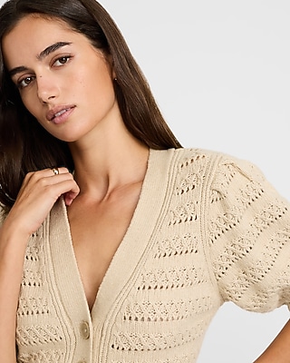 Pointelle V-Neck Puff Sleeve Cardigan