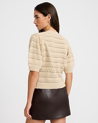 Pointelle V-Neck Puff Sleeve Cardigan