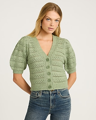 Pointelle V-Neck Puff Sleeve Cardigan