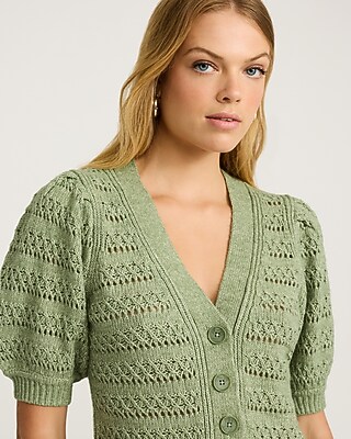 Pointelle V-Neck Puff Sleeve Cardigan