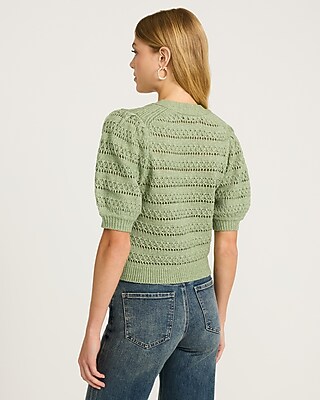 Pointelle V-Neck Puff Sleeve Cardigan