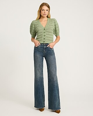 Pointelle V-Neck Puff Sleeve Cardigan