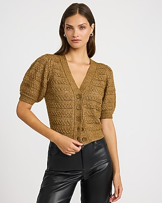 Pointelle V-Neck Puff Sleeve Cardigan - thumbnail 5