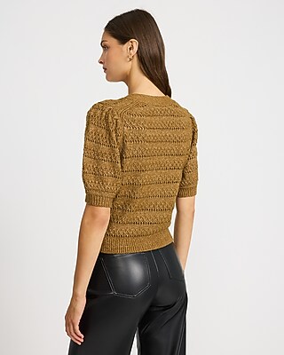 Pointelle V-Neck Puff Sleeve Cardigan - thumbnail 6