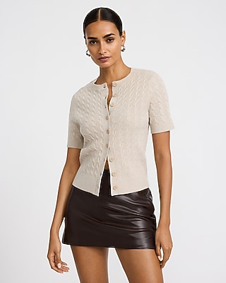 Cable Knit Short Sleeve Cardigan Airy Soft