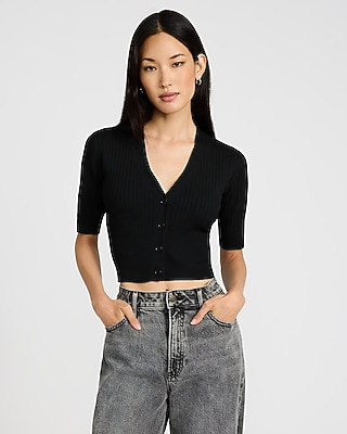 Ribbed V-neck Short Sleeve Cardigan | Express