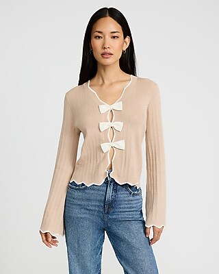Tipped Ribbed Bow Front Cardigan | Express