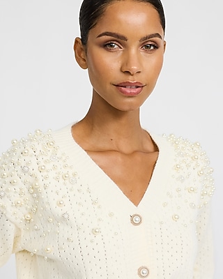 Pearl Embellished V-Neck Cardigan