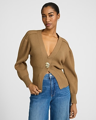 Gold Button V-neck Banded Cardigan | Express