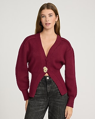 Gold Button V-Neck Banded Cardigan