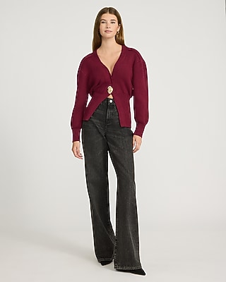 Gold Button V-Neck Banded Cardigan