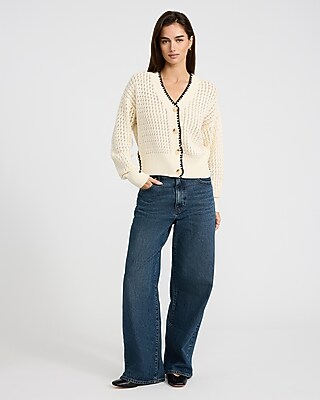 Tipped V-neck Open Stitch Cardigan | Express