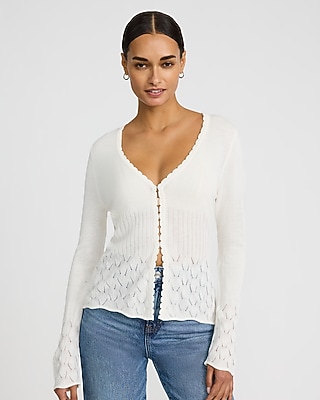 V-Neck Long Sleeve Cutaway Hem Open Knit Cardigan