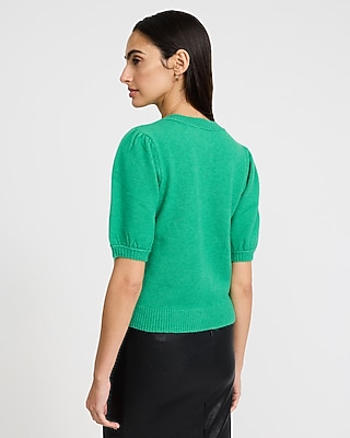 Wool-Blend Crew Neck Puff Short Sleeve Cardigan