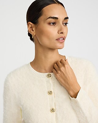 Fuzzy Crew Neck Novelty Button Cardigan | Express